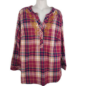 Denim & Co Women Stretch Plaid Herringbone Shirt Embroidery Raspberry 2X A342487